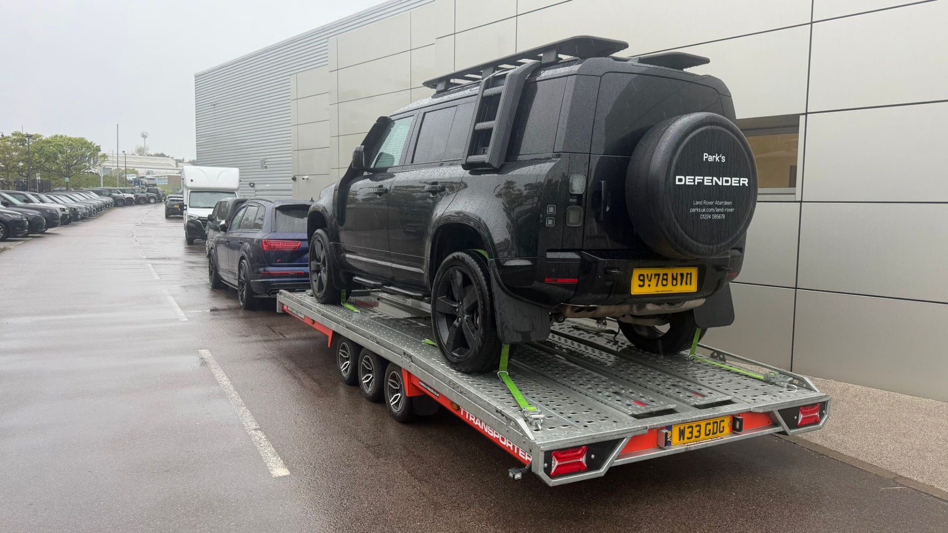 Land Rover Defender on transporter at Land Rover Aberdeen